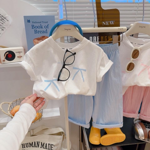 Bộ cộc tay Hone Baby nelpuere họa tiết Nơ quần dài 3 màu hồng, vàng, xanh
