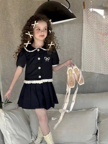 Bộ sơ mi Melisa nơ cổ bèo xanh navy chân váy xếp ly