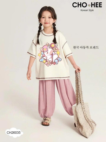 Bộ cotton Cho Hee ngựa unicorn chibi áo be quần bo gấu màu hồng