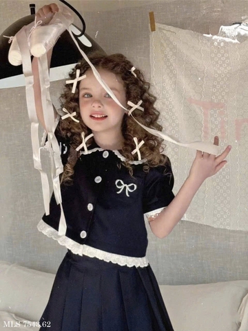 Bộ sơ mi Melisa nơ cổ bèo xanh navy chân váy xếp ly