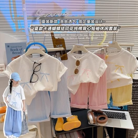 Bộ cộc tay Hone Baby nelpuere họa tiết Nơ quần dài 3 màu hồng, vàng, xanh