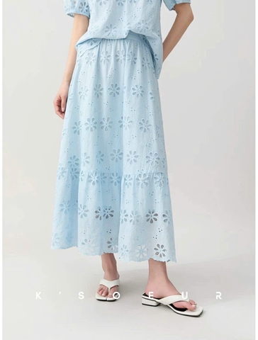 Bộ Na Na áo tay phồng chân váy maxi ren thô hoa dài màu xanh blue