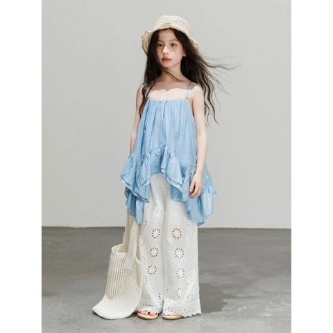 Bộ áo 2 dây xanh quần trắng thô hoa size đại cho bé