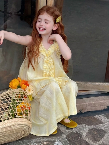 Bộ sát nách voan tơ phối bèo màu vàng quần suông bé gái