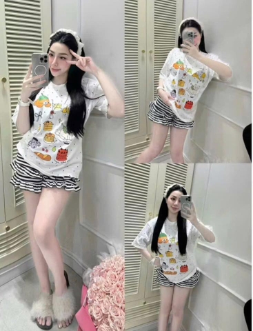 Bộ cộc tay MẸ áo chấm bi trắng quần sooc kẻ ngang
