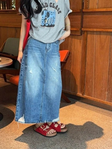 Chân váy jean nữ Shumandi dáng dài xẻ sau