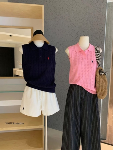 Áo polo ba lỗ len dệt WG.WE 3 màu xám, đỏ, hồng