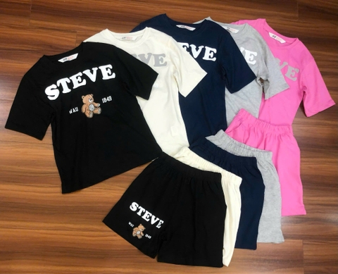 Bộ cotton H&M cộc tay Steve gấu 5 màu navy, hồng, đen, kem ghi