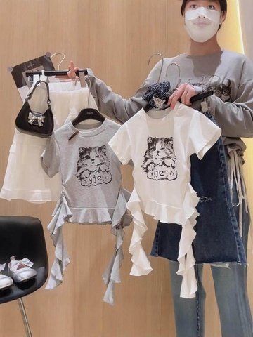 Áo phông tua rua cotton họa tiết mèo 2 màu ghi, trắng