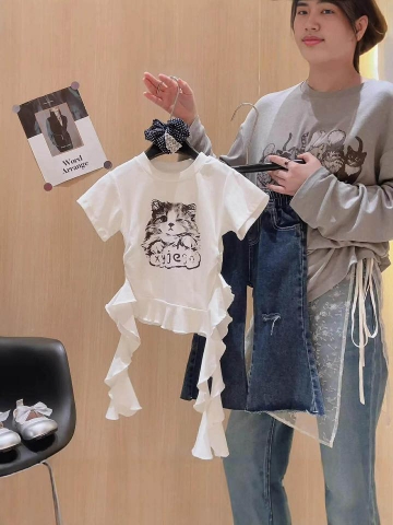 Áo phông tua rua cotton họa tiết mèo 2 màu ghi, trắng
