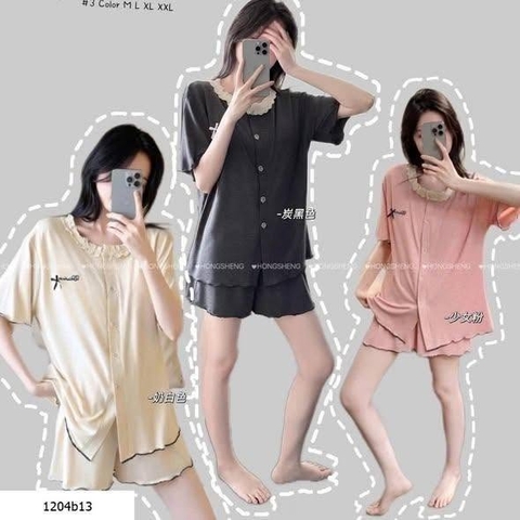 Bộ mặc nhà ren viền bèo cho nữ 2 màu hồng và ghi