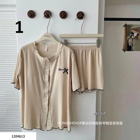 Bộ mặc nhà ren viền bèo cho nữ 2 màu hồng và ghi