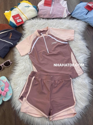 Bộ bơi cộc tay Colorful Ylike màu HỒNG NÂU quần 2 lớp