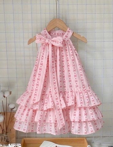 Váy cổ yếm nơ hồng Luca&Luca dáng xòe 3 tầng