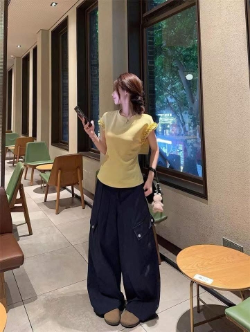 Áo cotton tay phối bèo buộc dây lưng 3 màu WG.WE