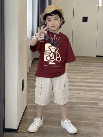 Bộ cộc tay Luca&Luca áo đỏ quần trắng Honey Bun hình gấu