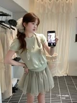 Bộ áo len dệt XANH CỐM mix khăn choàng kèm chân váy ren xòe