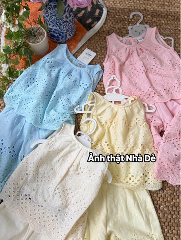 Bộ Melisa thô ren thêu hoa áo sát nách quần dài 4 màu hồng, kem, xanh, vàng