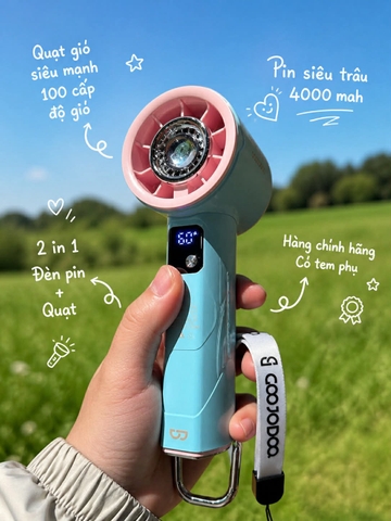 Quạt cầm tay Goojodoq 4000mAh màu xanh hồng pastel có đèn pin