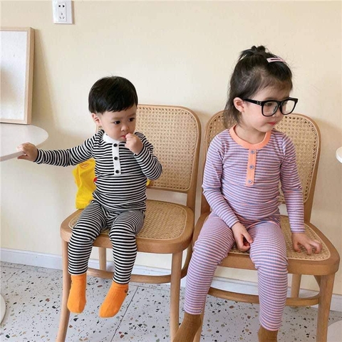 Bộ dài tay kẻ ngang 3 cúc 5 màu hồng, tím, vàng, xanh, đen