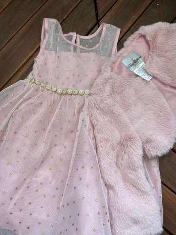 Váy dạ hội voan hồng chấm bi vàng đính eo kèm áo lông hãng Rare Editions