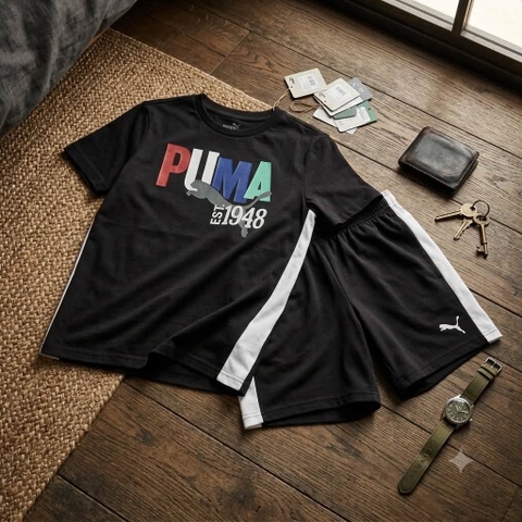Bộ cộc tay thể thao ĐEN sọc trắng Puma size đại