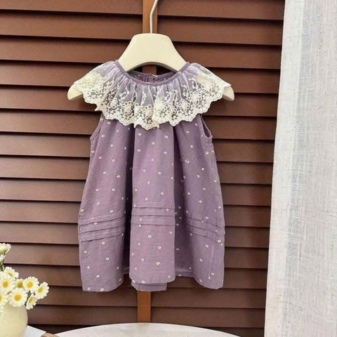 Váy tím thô hoa nhí viền ren dáng suông