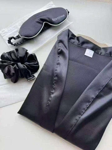 Set đồ ngủ lụa đen cao cấp 3 món bịt mắt, áo choàng, chun buộc tóc KÉRASTASE