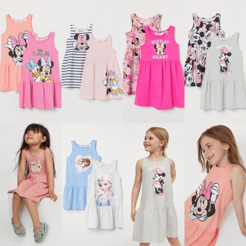 Váy sát nách H&M nhiều mẫu Minnie Daisy cam hồng, Thỏ hồng, Elsa Anna xanh, Minnie kẻ ngang