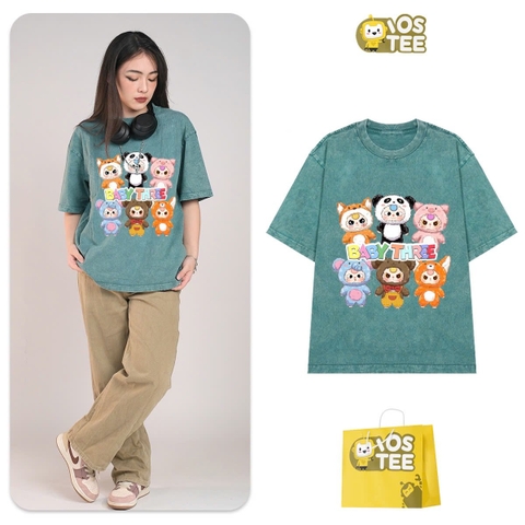 Áo phông XANH LÁ cotton cộc tay loang IOSTEE hình 6 bé Baby Three V3