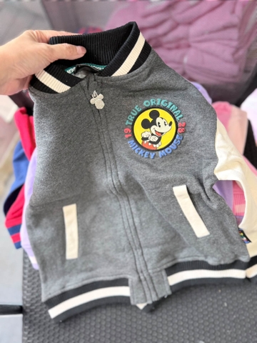 Áo khoác bomber nỉ bông Mickey Disney xám tay trắng
