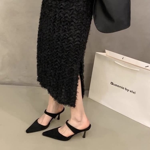 Guốc da lộn mũi nhọn cao gót 6p 3 màu đen, nâu, da báo