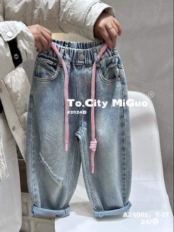 Quần baggy jean cạp chun phối dây hồng mặt cười cho bé gái