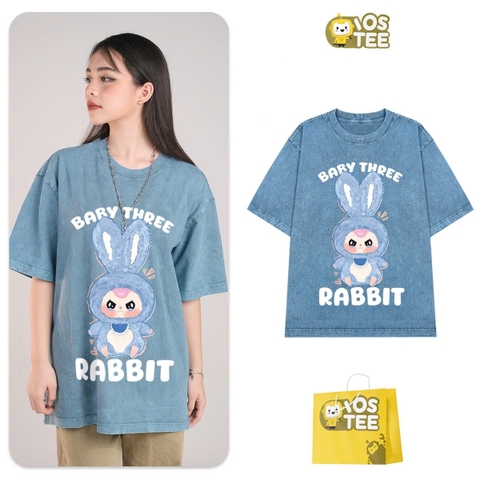 Áo phông 2 màu XÁM và XANH cotton cộc tay loang IOSTEE hình Baby Three THỎ
