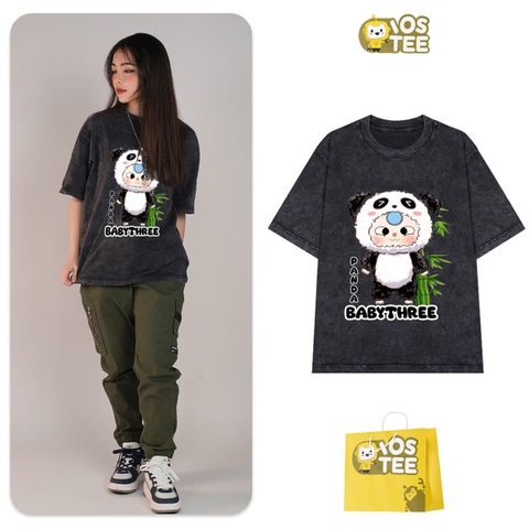 Áo phông ĐEN cotton cộc tay loang IOSTEE Baby Three Panda
