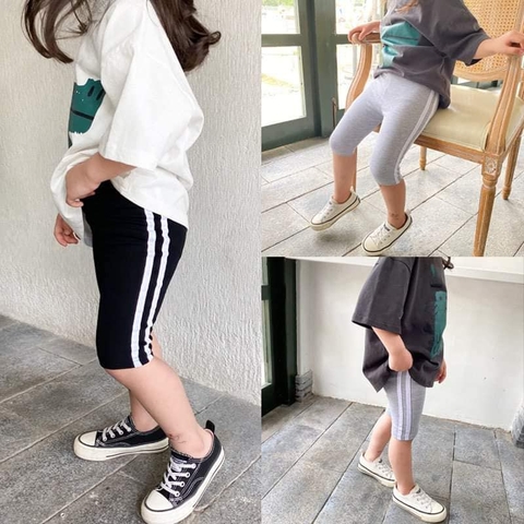 Quần legging lửng cotton kẻ sọc trắng 2 màu đen, ghi