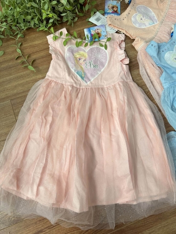 Váy đính cườm Elsa Frozen voan nhũ lấp lánh 2 màu hồng cam và xanh