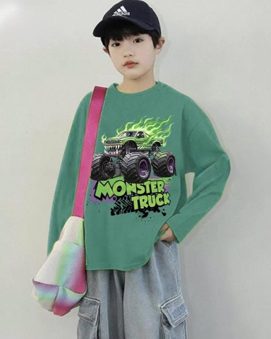 Bộ áo cotton Monster Truck xanh lá quần jeans ELAINE