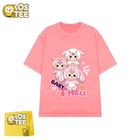Áo phông HỒNG CAM cotton cộc tay loang IOSTEE hình 3 bé Baby Three V3