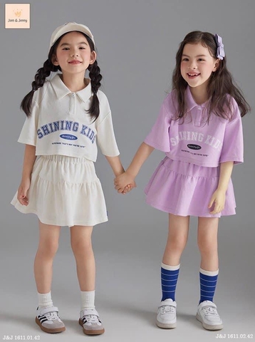 Bộ Jam&Jenny áo polo babytee và chân váy xoè Shining Kids 2 màu tím và trắng bé gái