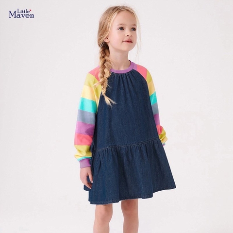 Váy nỉ Little Maven denim tay phối cầu vồng