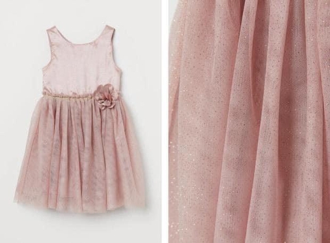 Váy H&M sát nách 3 màu tím, hồng, nâu be vải satin đính hoa chân voan