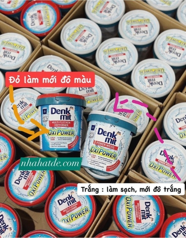 Bột tẩy trắng quần áo Denkmit Power-Weiss Oxi Power xô 750gr 2 loại nắp trắng, nắp đỏ