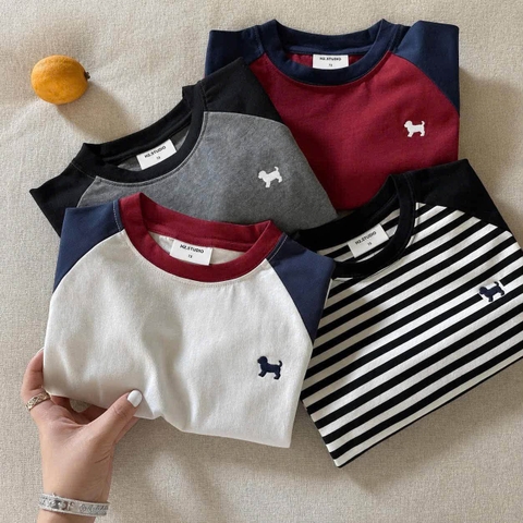 Set 4 áo dài tay raglan thêu basic xám, đỏ, đen, trắng