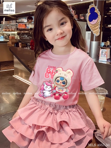 Bộ cotton cộc tay Baby Three Melisa chân váy bồng màu hồng cam