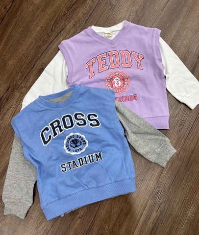 Áo gile nỉ phối thun dài tay 2in1 mẫu Teddy tím và Cross xanh hãng Babidiboo
