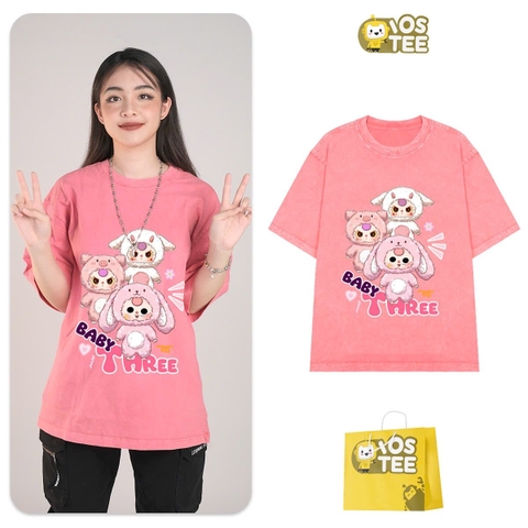 Áo phông HỒNG CAM cotton cộc tay loang IOSTEE hình 3 bé Baby Three V3