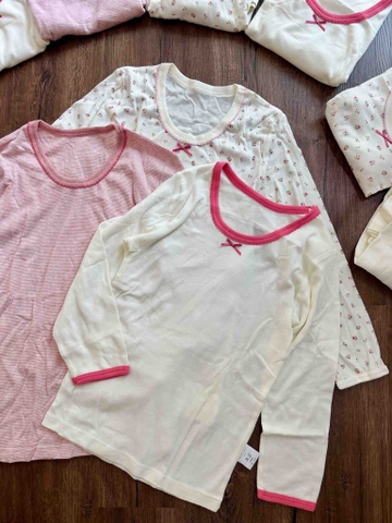 Áo cotton dài tay xuất Nhật mẫu hoa nhí, kẻ ngang, trắng nơ