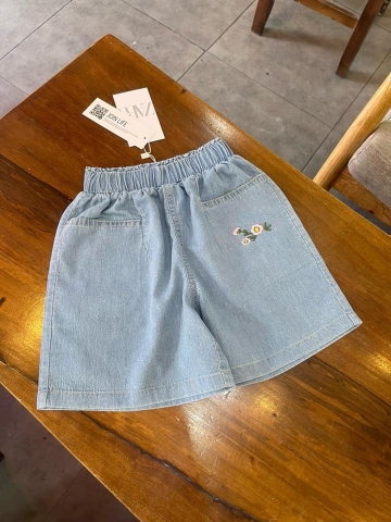 Quần sooc ZARA denim jean giấy thêu hoa cạp chun
