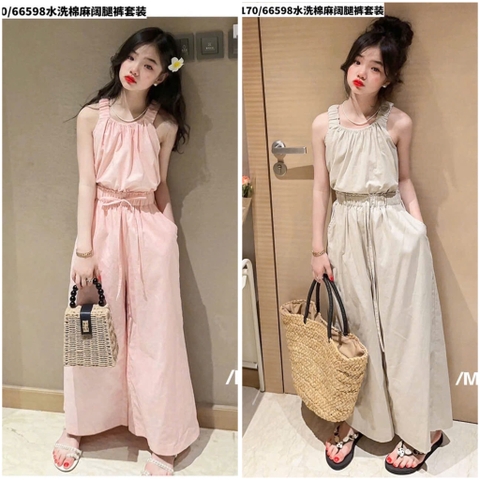 Bộ hai dây thô đũi Munaya Studio quần suông rộng 2 màu hồng và be